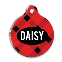 Kırmızı Siyah Ekose Yuvarlak Kedi Köpek Künyesi Large 3,8 cm