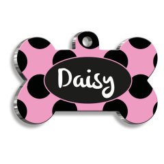 Siyah Pembe Puantiye Kemik Şekilli Köpek Künyesi Medium 2,6 x 3,8 cm