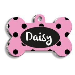 Siyah Pembe Puantiye Desenli Kedi Köpek Künyesi Medium 2,6 x 3,8 cm