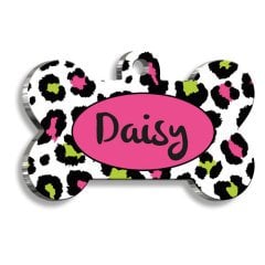 Yeşil Pembe Leopar Desenli Kedi Köpek Künyesi XLarge 3,3 x 5 cm