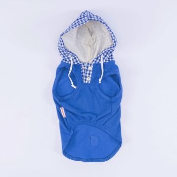 PawStar Mavi Gingham Kapşonlu Polo T-Shirt