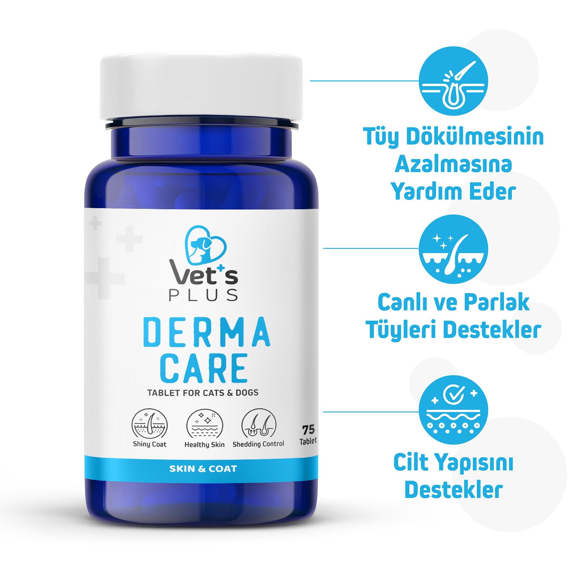 Vet's Plus Derma Care Kedi ve Köpek için Deri ve Tüy Yapısı Destekleyici Biyotin Tablet (75'li)