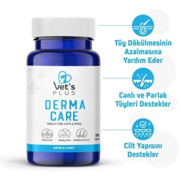 Vet's Plus Derma Care Kedi ve Köpek için Deri ve Tüy Yapısı Destekleyici Biyotin Tablet (75'li)