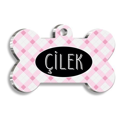 Pembe Ekoseli Kemik Şekilli Kedi Köpek Künyesi