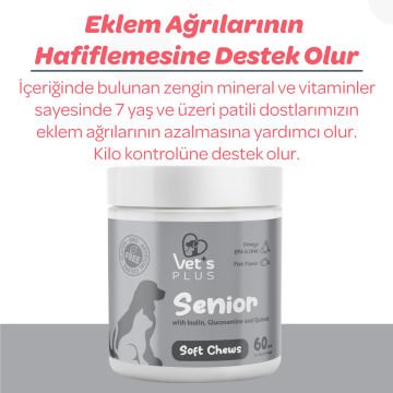 Vet's Plus Senior Yaşlı Kedi ve Köpekler İçin İnülin ve Glukozamin Çiğnenebilir Tablet (60'lı)