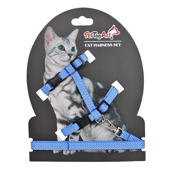 Mavi Beyaz Desenli Ayarlanabilir Kedi Göğüs Tasma Seti 10 mm 110 cm