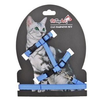 Mavi Beyaz Desenli Ayarlanabilir Kedi Göğüs Tasma Seti 10 mm 110 cm