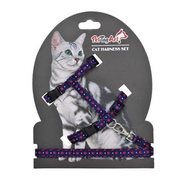 Lacivert Kırmızı Pati Desenli Ayarlanabilir Kedi Göğüs Tasma Seti 10 mm 110 cm