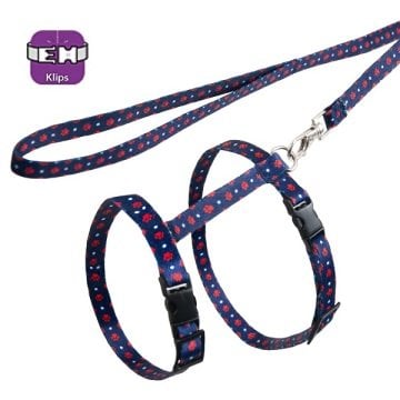 Lacivert Kırmızı Pati Desenli Ayarlanabilir Kedi Göğüs Tasma Seti 10 mm 110 cm