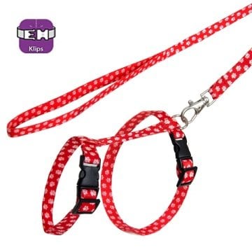 Kırmızı Beyaz Pati Desenli Ayarlanabilir Kedi Göğüs Tasma Seti 10 mm 110 cm