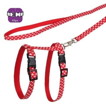 Kırmızı Beyaz Kalp Desenli Ayarlanabilir Kedi Göğüs Tasma Seti 10 mm 110 cm