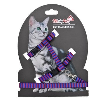 Lacivert Mavi Kırmızı Çizgili Desenli Ayarlanabilir Kedi Göğüs Tasma Seti 10 mm 110 cm