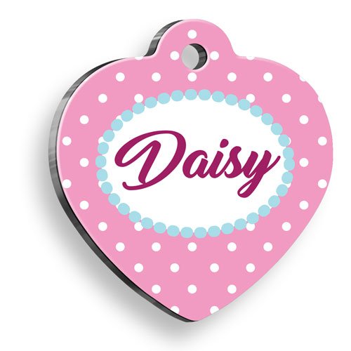 Pembe Puantiyeli Kalp Şekilli Kedi Köpek Künyesi Large 4,2 x 4,5 cm