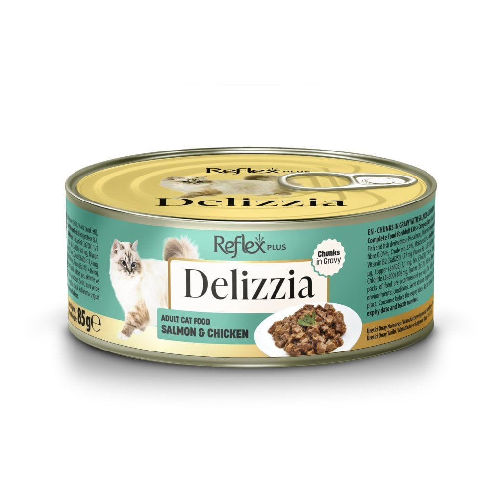 Reflex Plus Delizzia Sos İçinde Somonlu ve Tavuklu Parça Etli Yetişkin Kedi Konservesi 85gr