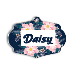 Lacivert Üzerine Pembe Çiçekli Kedi Köpek Künyesi Small 3,7 x 2,66 cm