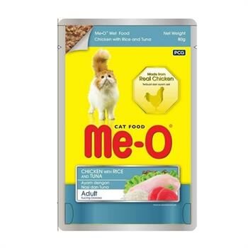 Me-O Pounch Tavuklu Pirinçli ve Ton Balıklı Kedi Konservesi 80Gr