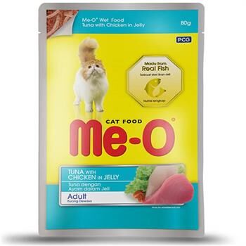 Me-O Pouch Jöle İçinde Ton Balıklı ve Tavuk Etli Yetişkin Kedi Konservesi 80 Gr