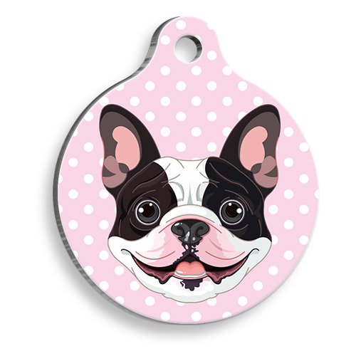 Pembe Puantiyeli French Bulldog Yuvarlak Köpek Künyesi Medium 3 cm