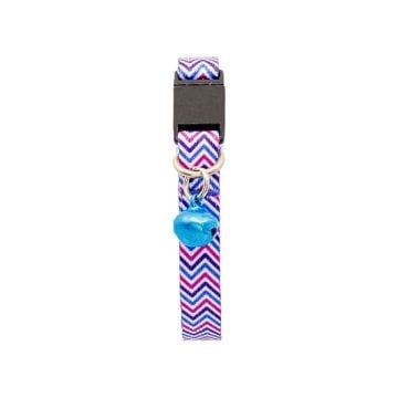 Güvenlik Kilitli Ayarlanabilir Pembe Mavi Beyaz Zikzak Desenli  Yumuşak Doku Kedi Boyun Tasması 22-30 cm